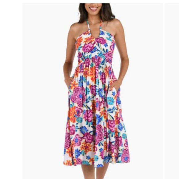 La Blanca Paradiso Halter Midi Cover-Up Sundress M Floral Pockets - Picture 10 of 16